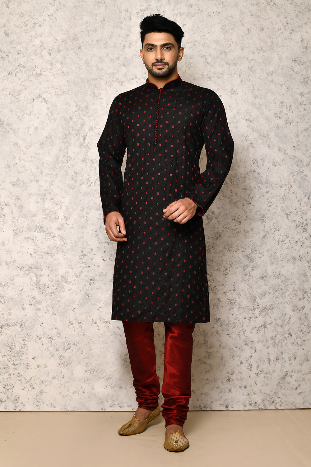 Jacquard Fabric Thread Work Black Kurta Pajama for Men