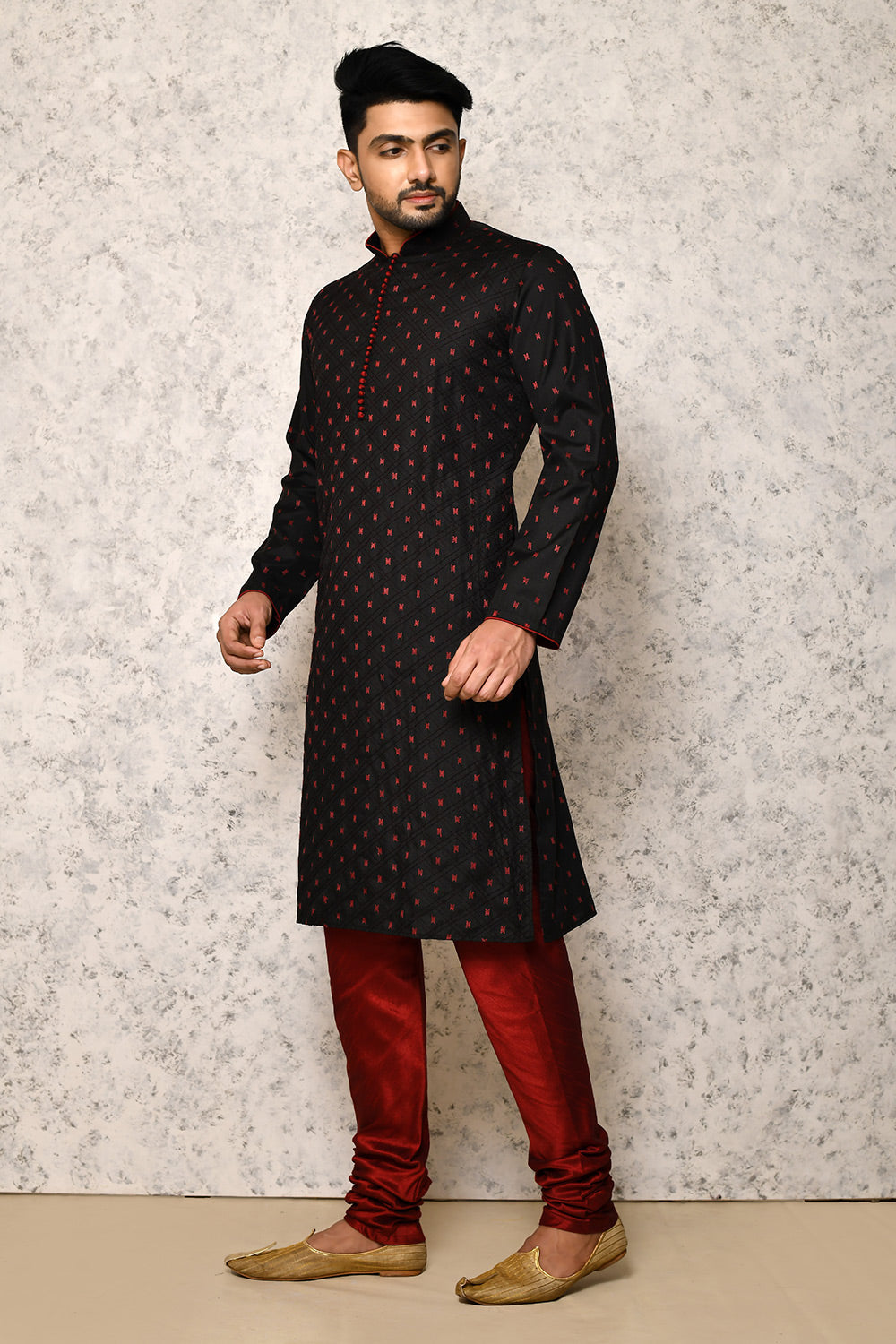 Jacquard Fabric Thread Work Black Kurta Pajama for Men