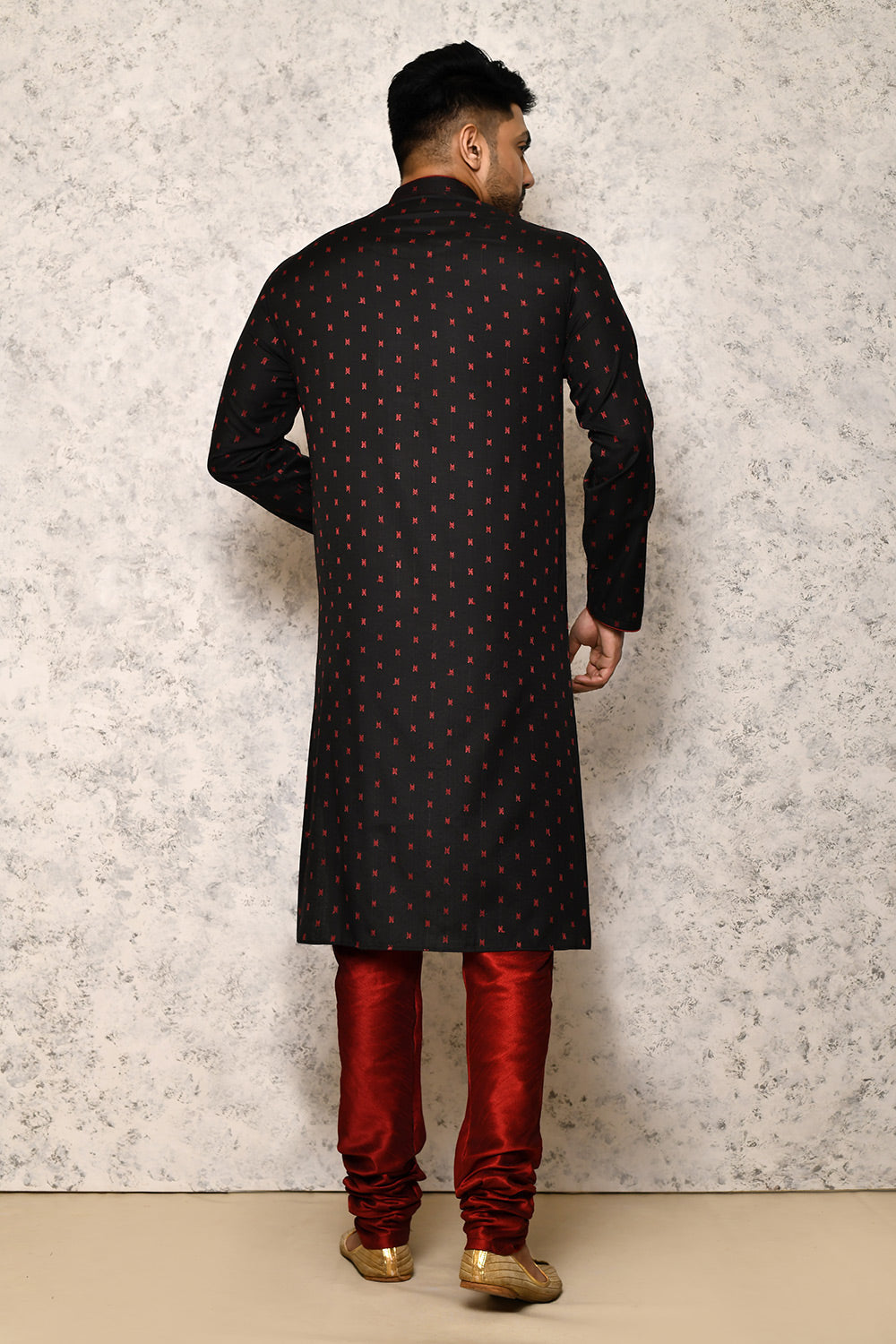 Jacquard Fabric Thread Work Black Kurta Pajama for Men