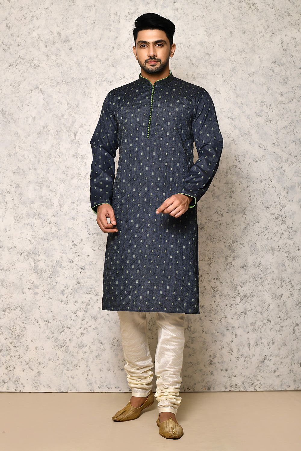 Grey Colour Jacquard Fabric Thread Work Kurta Pajama