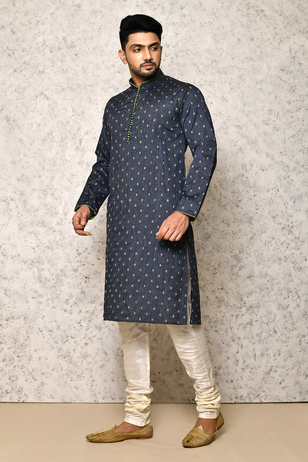 Grey Colour Jacquard Fabric Thread Work Kurta Pajama