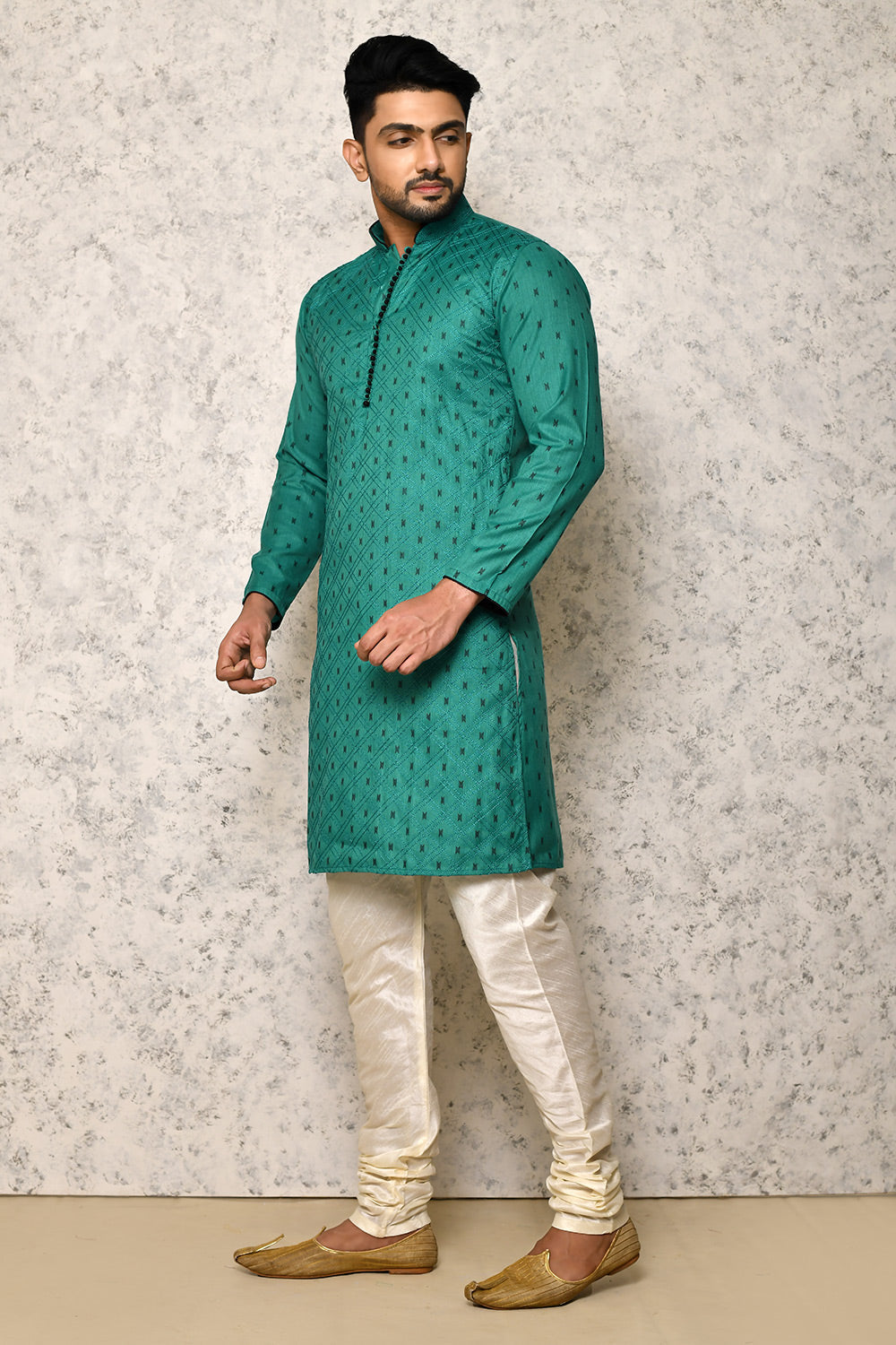 Sea Green Colour Jacquard Fabric Thread Work Kurta Pajama