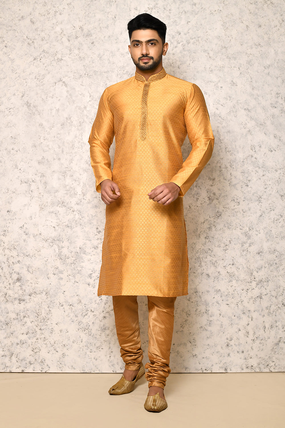 Gold Colour Art Silk Fabric Computer Work Kurta Pajama