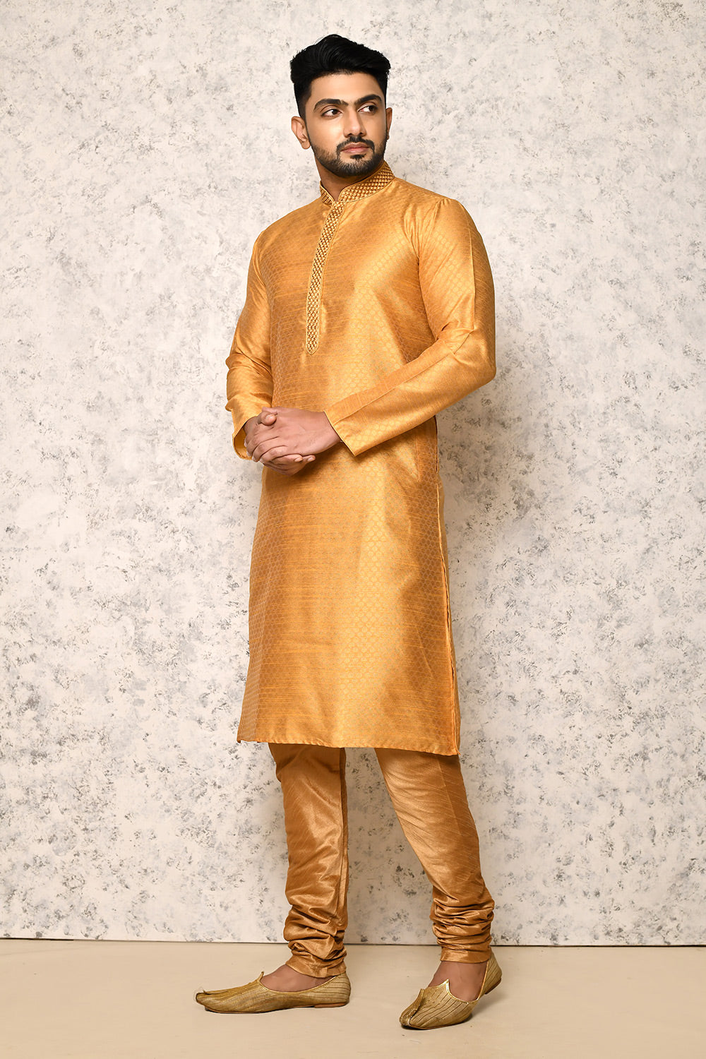 Gold Colour Art Silk Fabric Computer Work Kurta Pajama