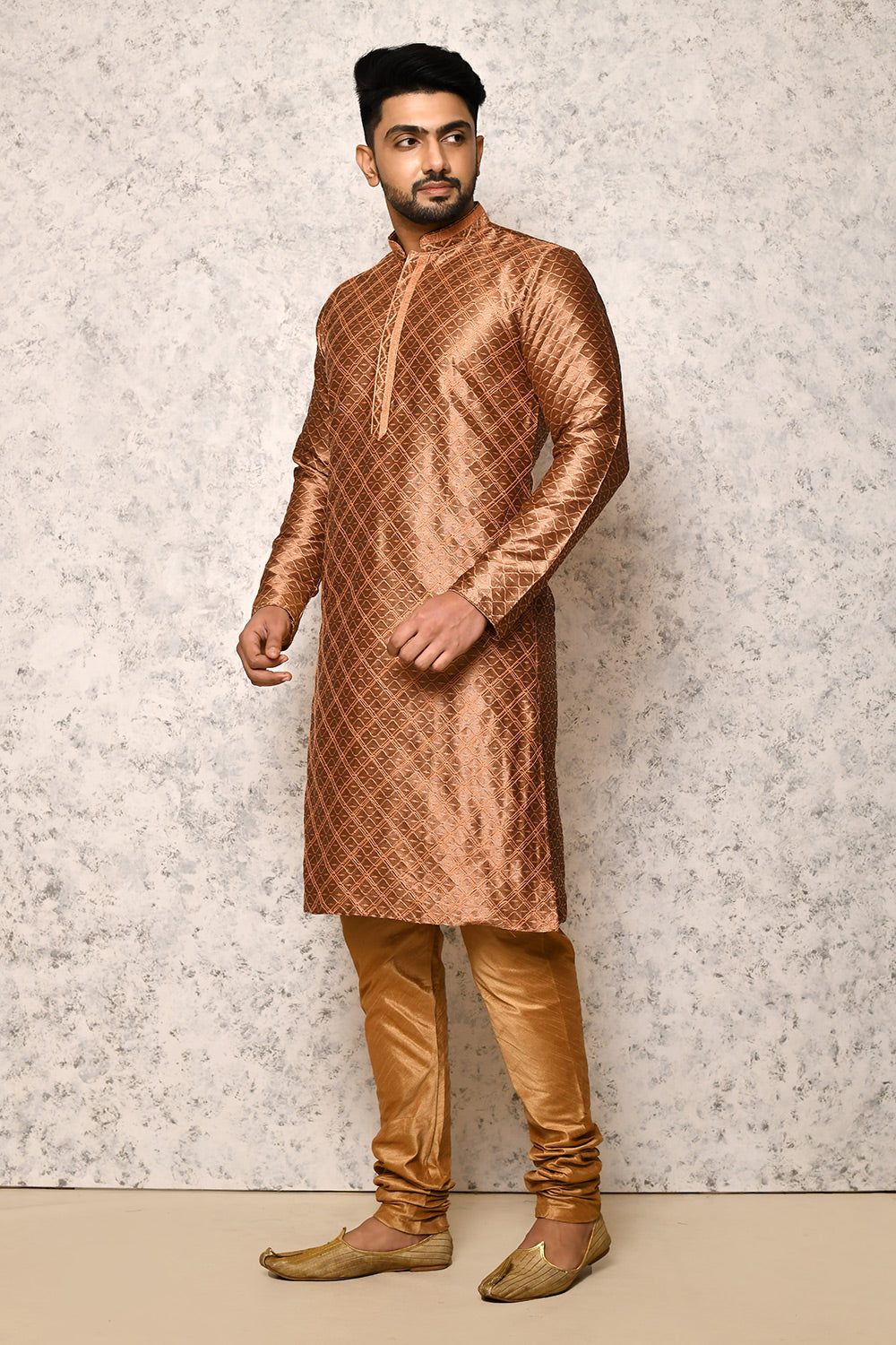 Copper Colour Art Silk Fabric Thread Work Kurta Pajama