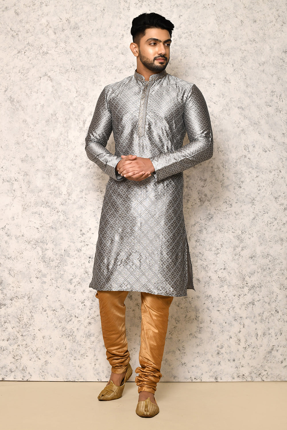 Grey Colour Art Silk Fabric Thread Work Kurta Pajama