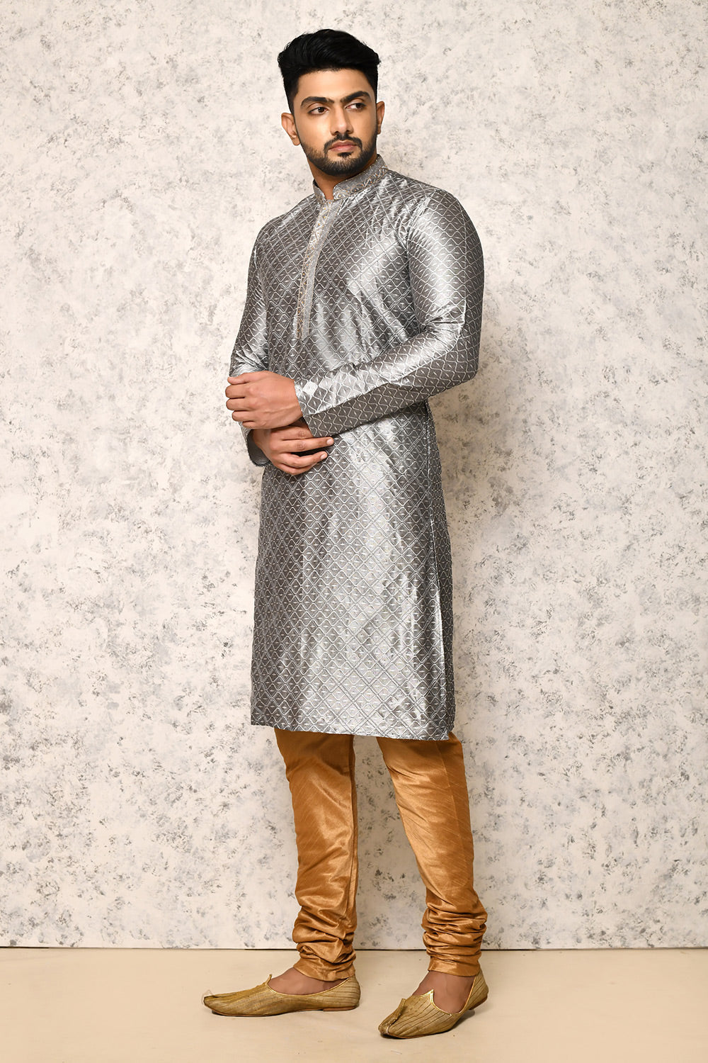 Grey Colour Art Silk Fabric Thread Work Kurta Pajama