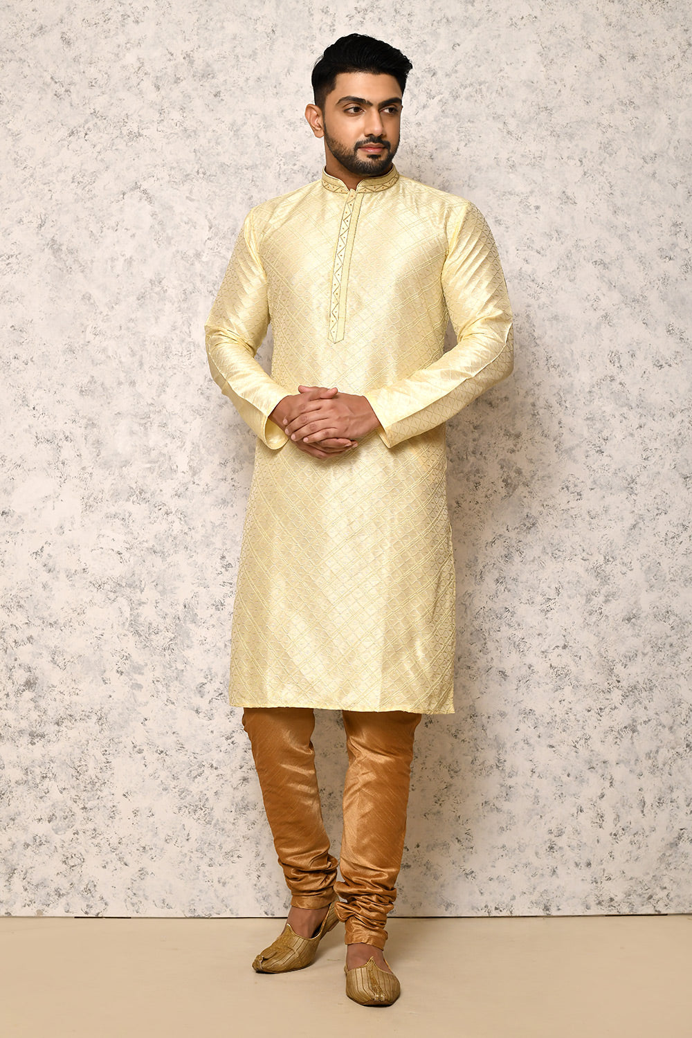 Lemon Colour Art Silk Fabric Thread Work Kurta Pajama