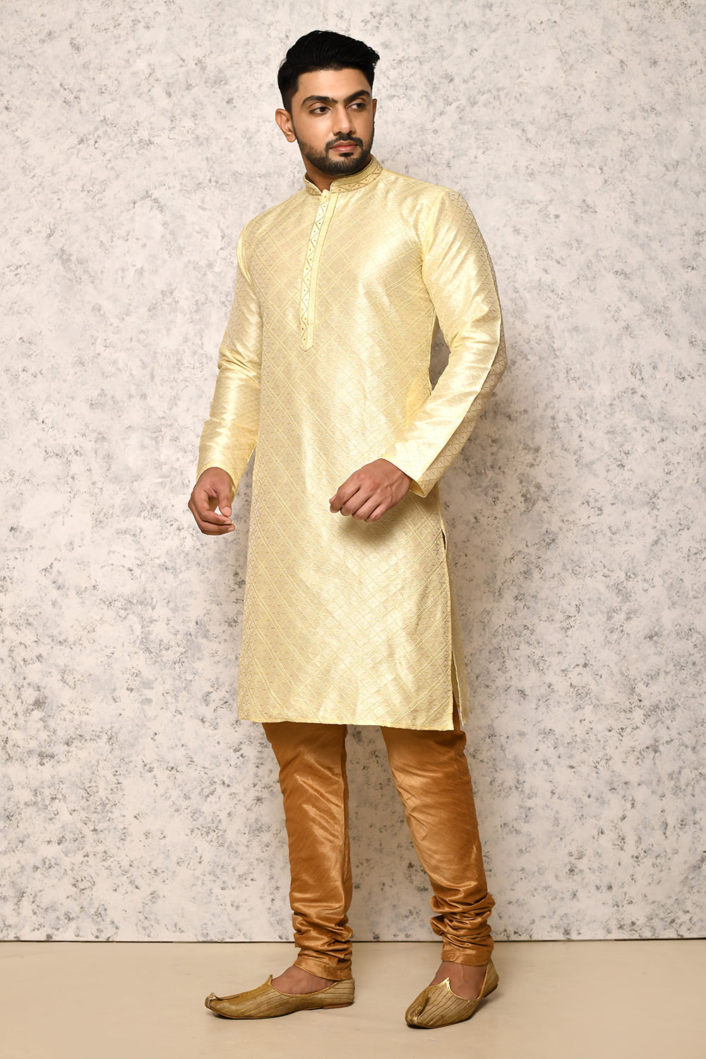 Lemon Colour Art Silk Fabric Thread Work Kurta Pajama