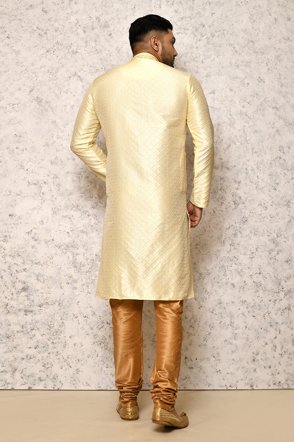 Lemon Colour Art Silk Fabric Thread Work Kurta Pajama