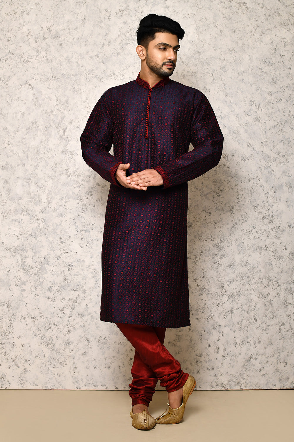 Navy Blue Colour Art Silk Fabric Machine Embroidery Kurta Pajama