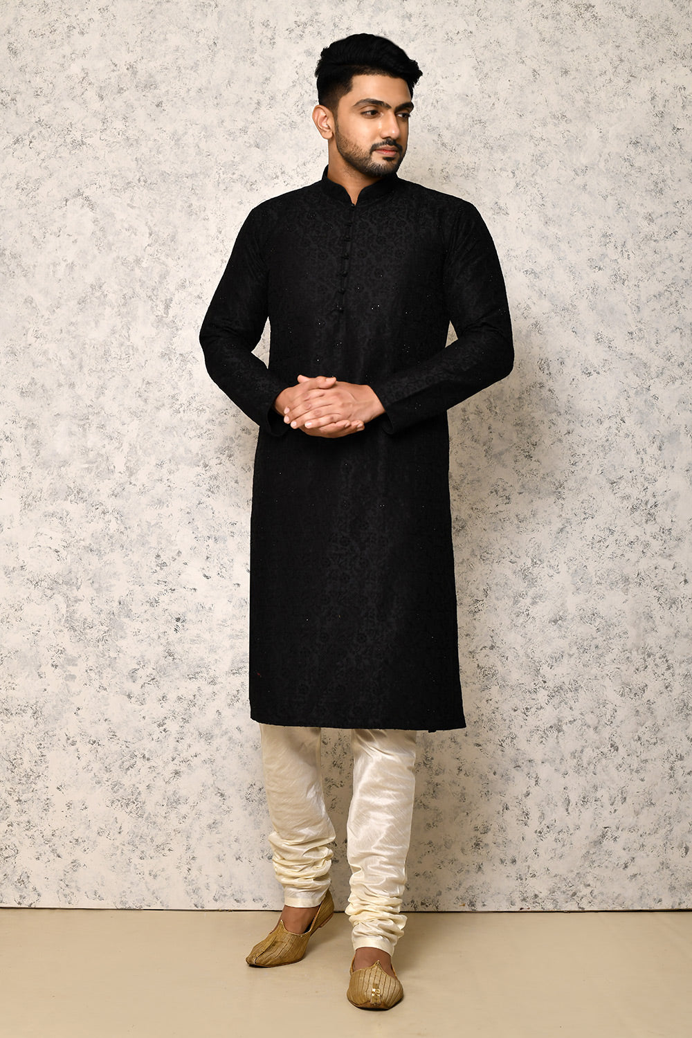 Black Colour Art Silk Fabric Computer & Hand Work Kurta Pajama