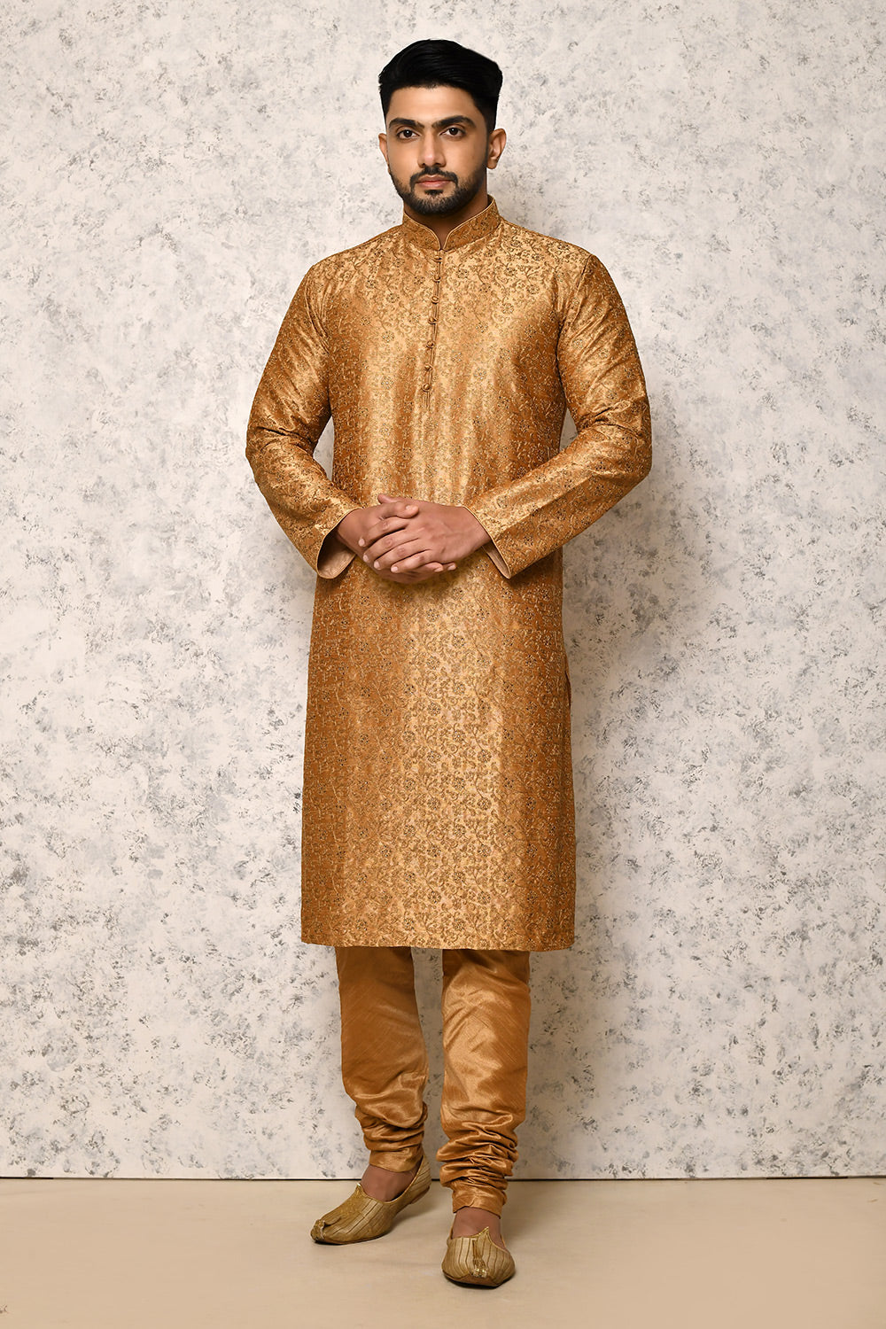 Golden Colour Art Silk Fabric Computer & Hand Work Kurta Pajama