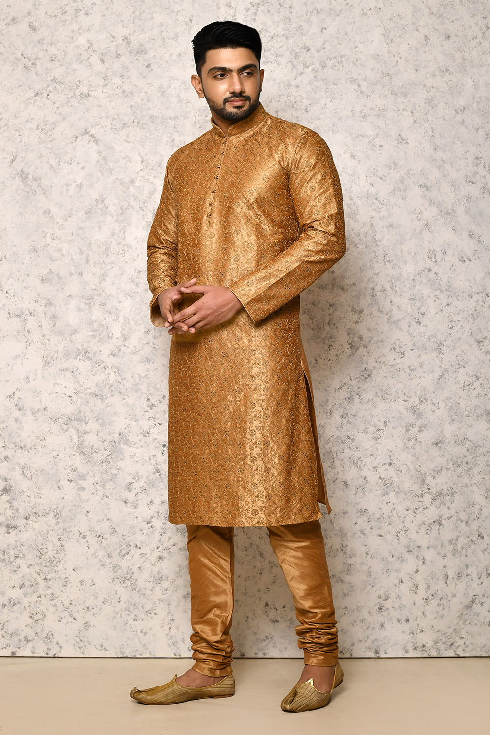 Golden Colour Art Silk Fabric Computer & Hand Work Kurta Pajama