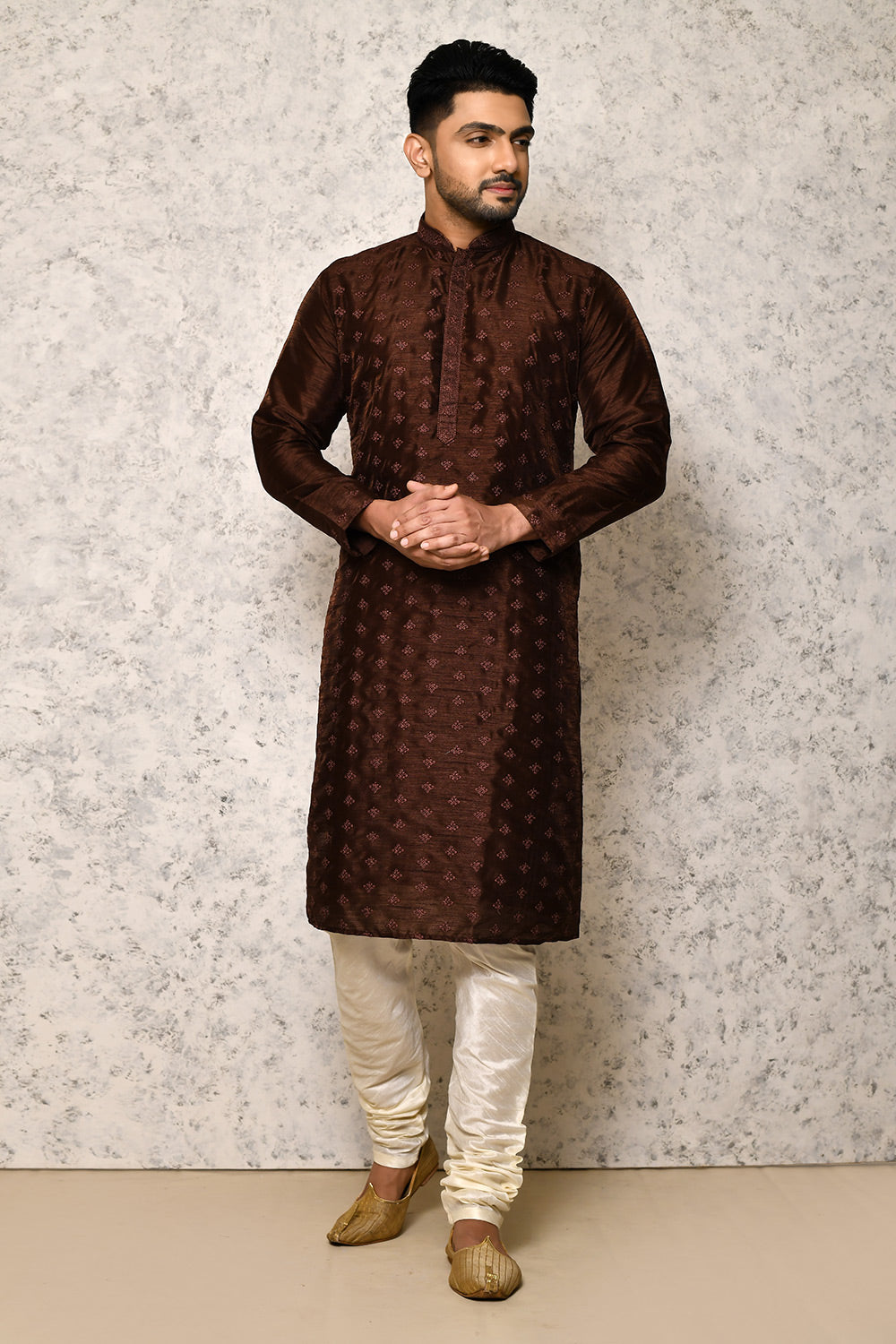 Brown Colour Art Silk Fabric Thread Work Kurta Pajama