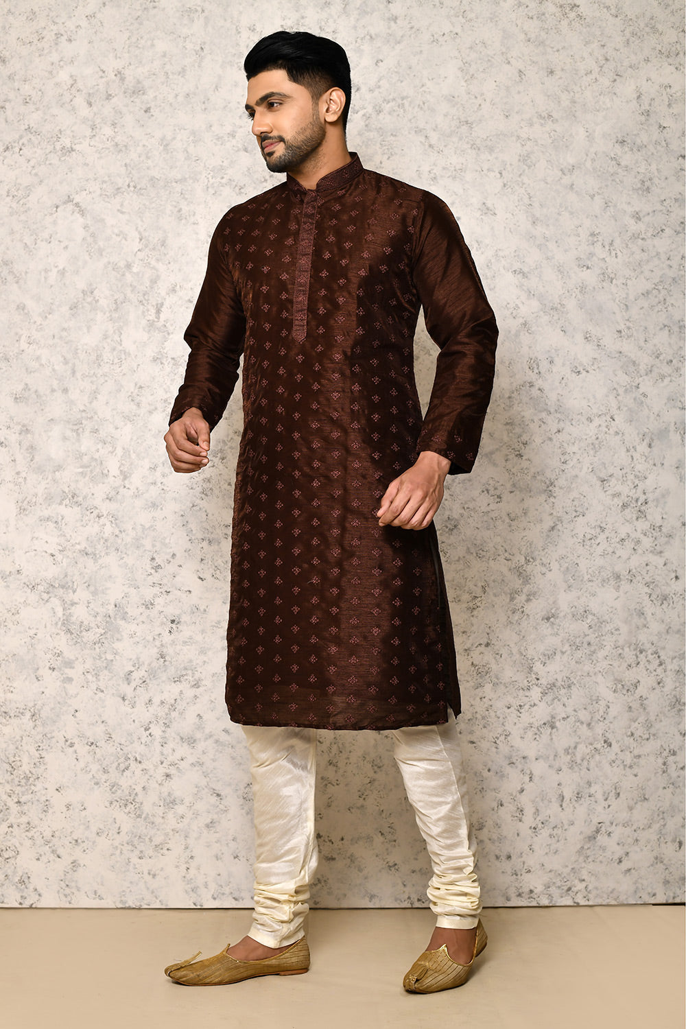 Brown Colour Art Silk Fabric Thread Work Kurta Pajama