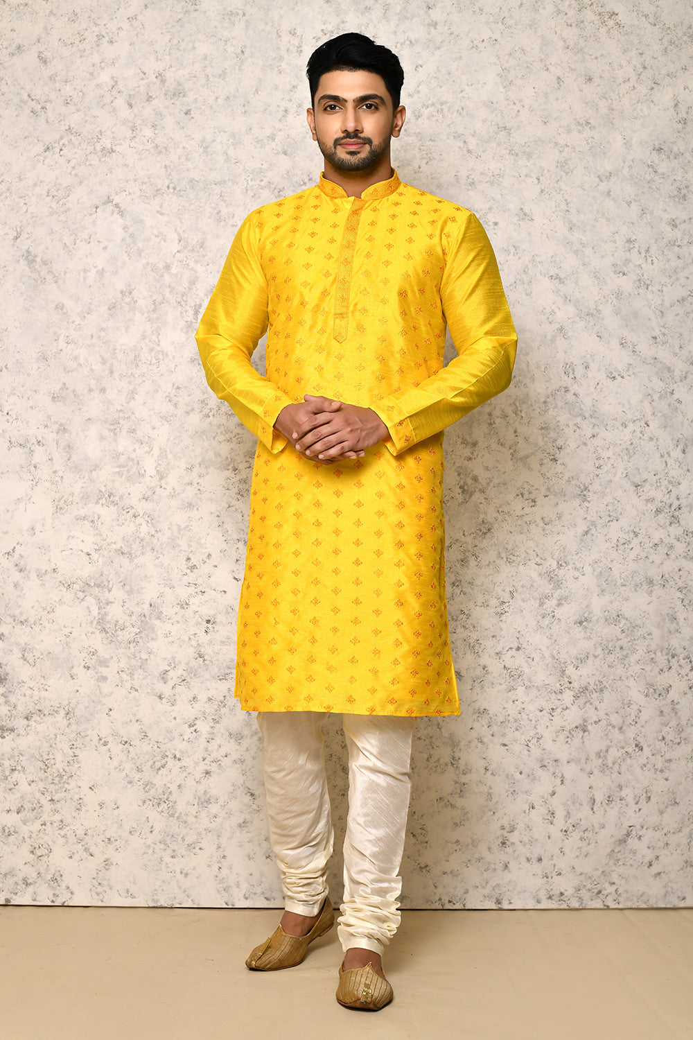 Yellow Colour Art Silk Fabric Thread Work Kurta Pajama