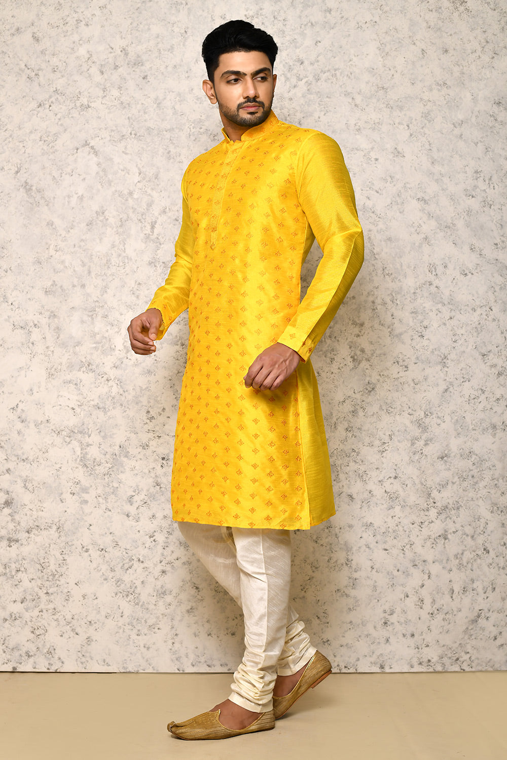 Yellow Colour Art Silk Fabric Thread Work Kurta Pajama