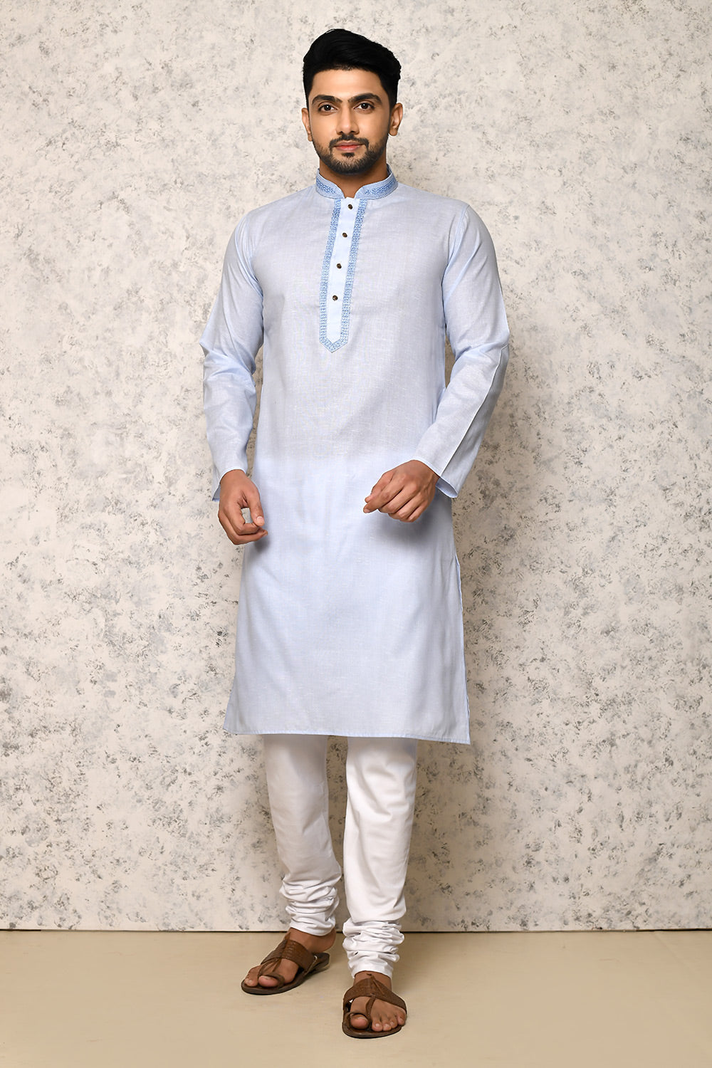 Sky Colour cotton Fabric Machine Embroidery Kurta Pajama