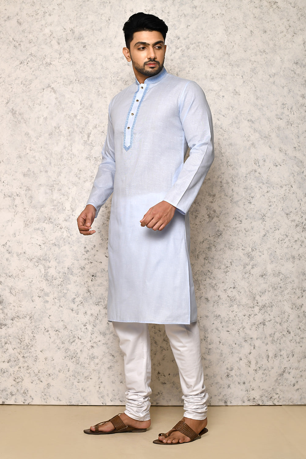 Sky Colour cotton Fabric Machine Embroidery Kurta Pajama