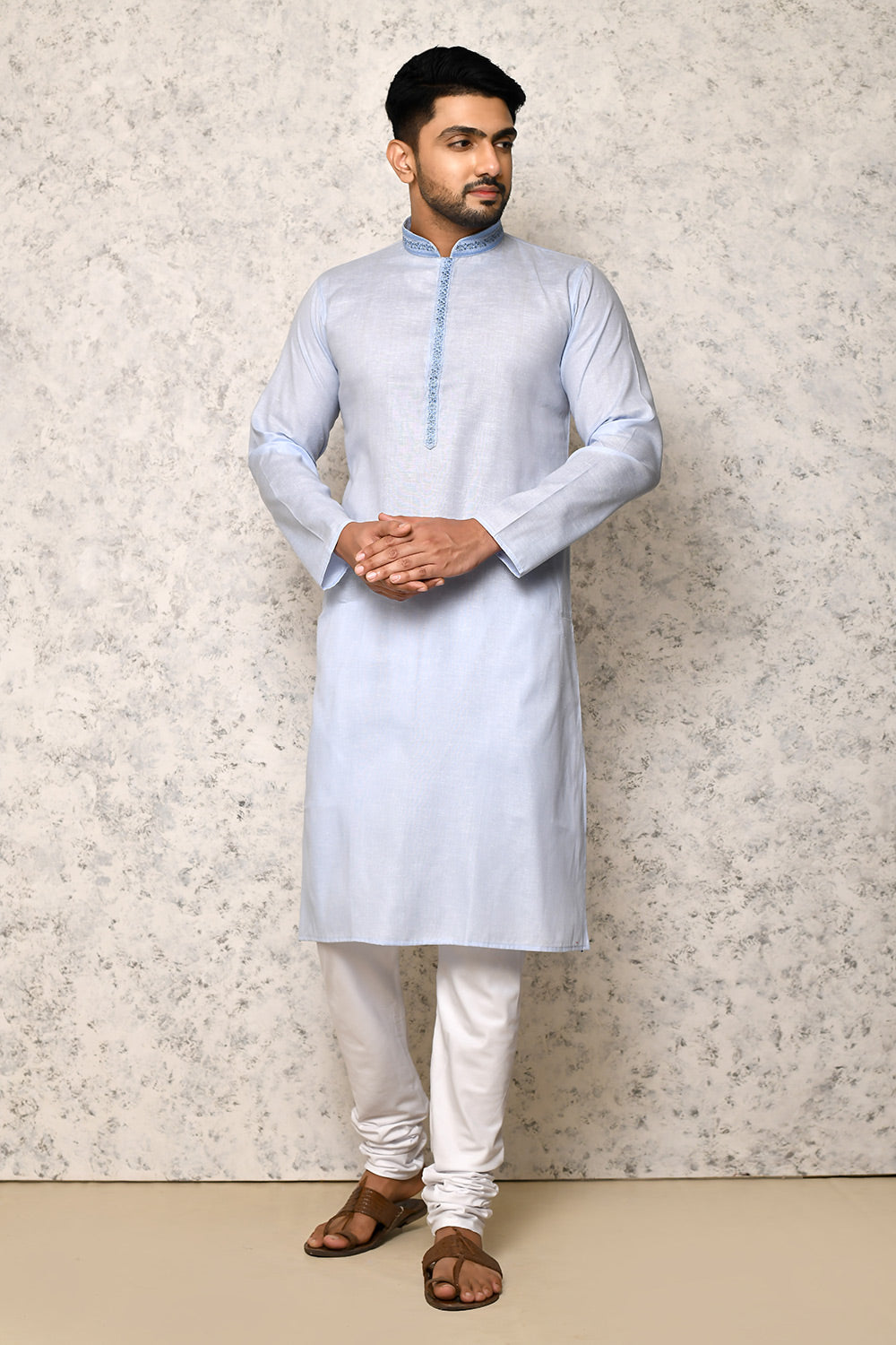 Sky Colour cotton Fabric Machine Embroidery Kurta Pajama