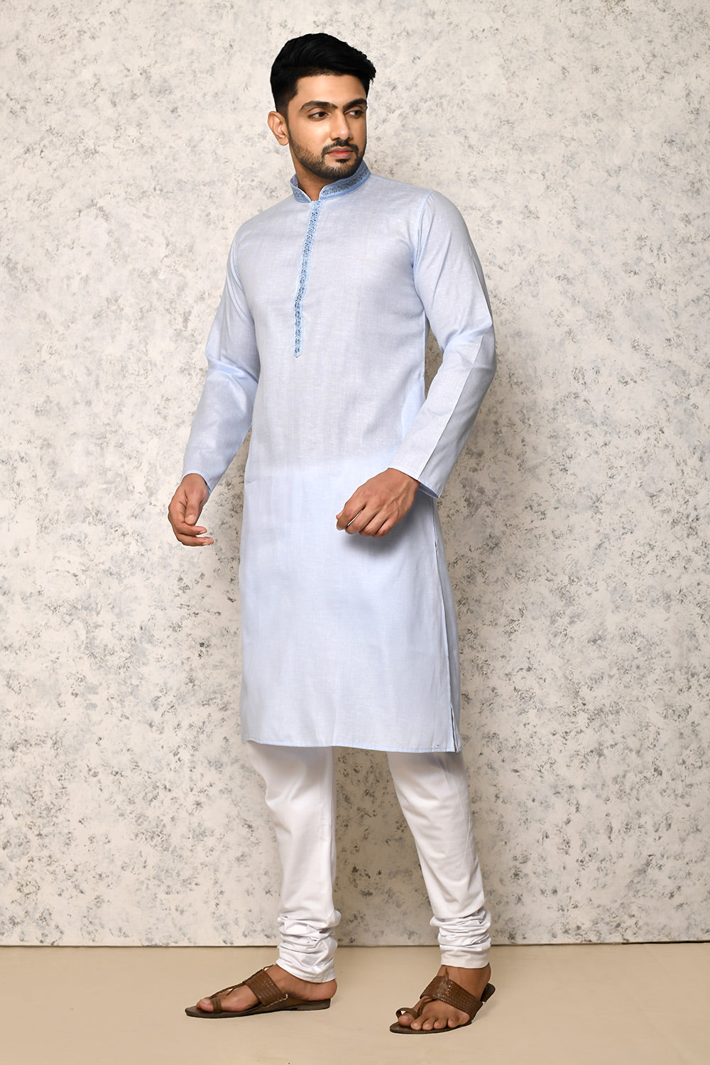 Sky Colour cotton Fabric Machine Embroidery Kurta Pajama