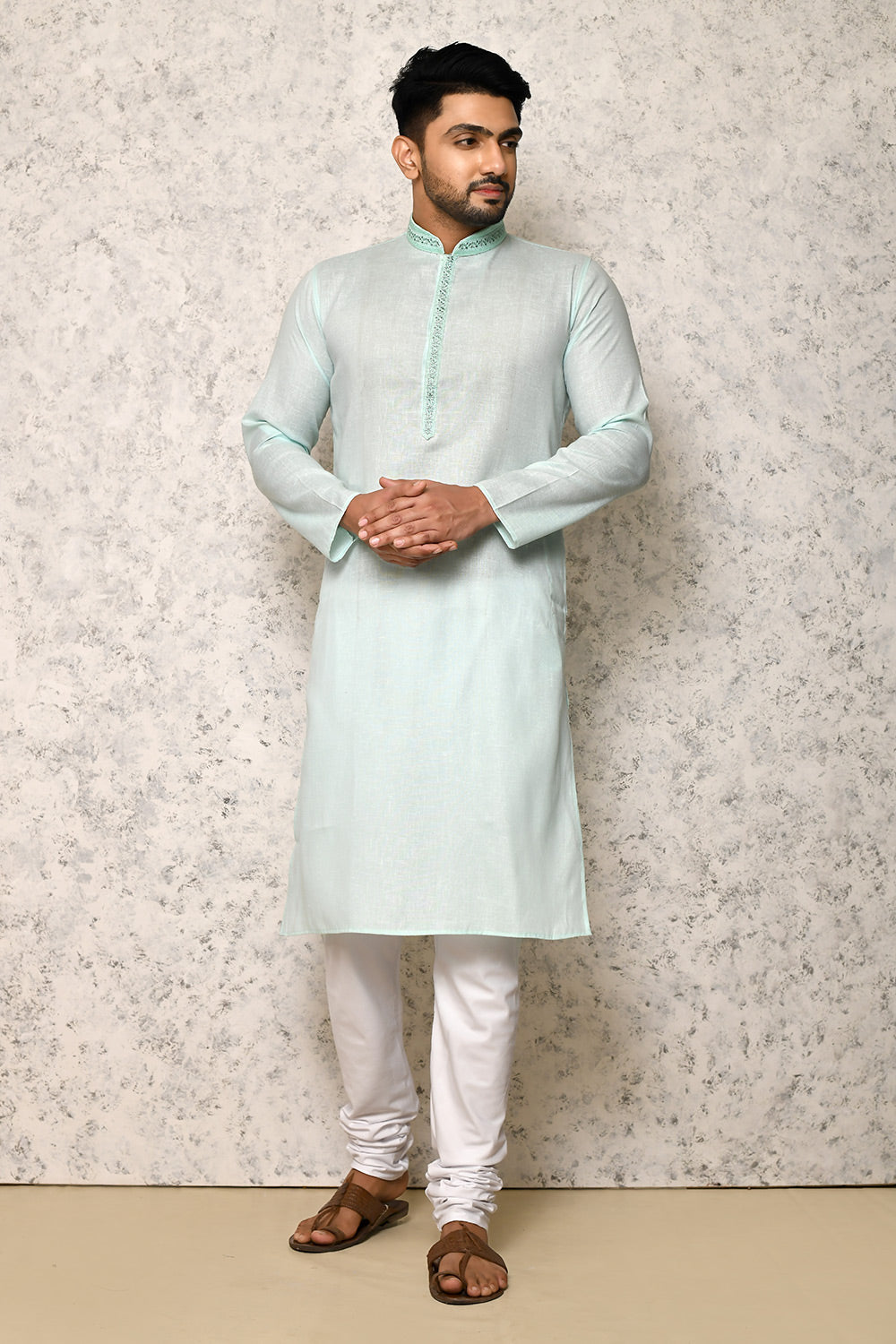 Sea Green Colour cotton Fabric Machine Embroidery Kurta Pajama