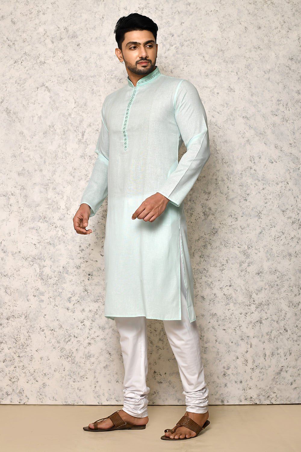 Sea Green Colour cotton Fabric Machine Embroidery Kurta Pajama