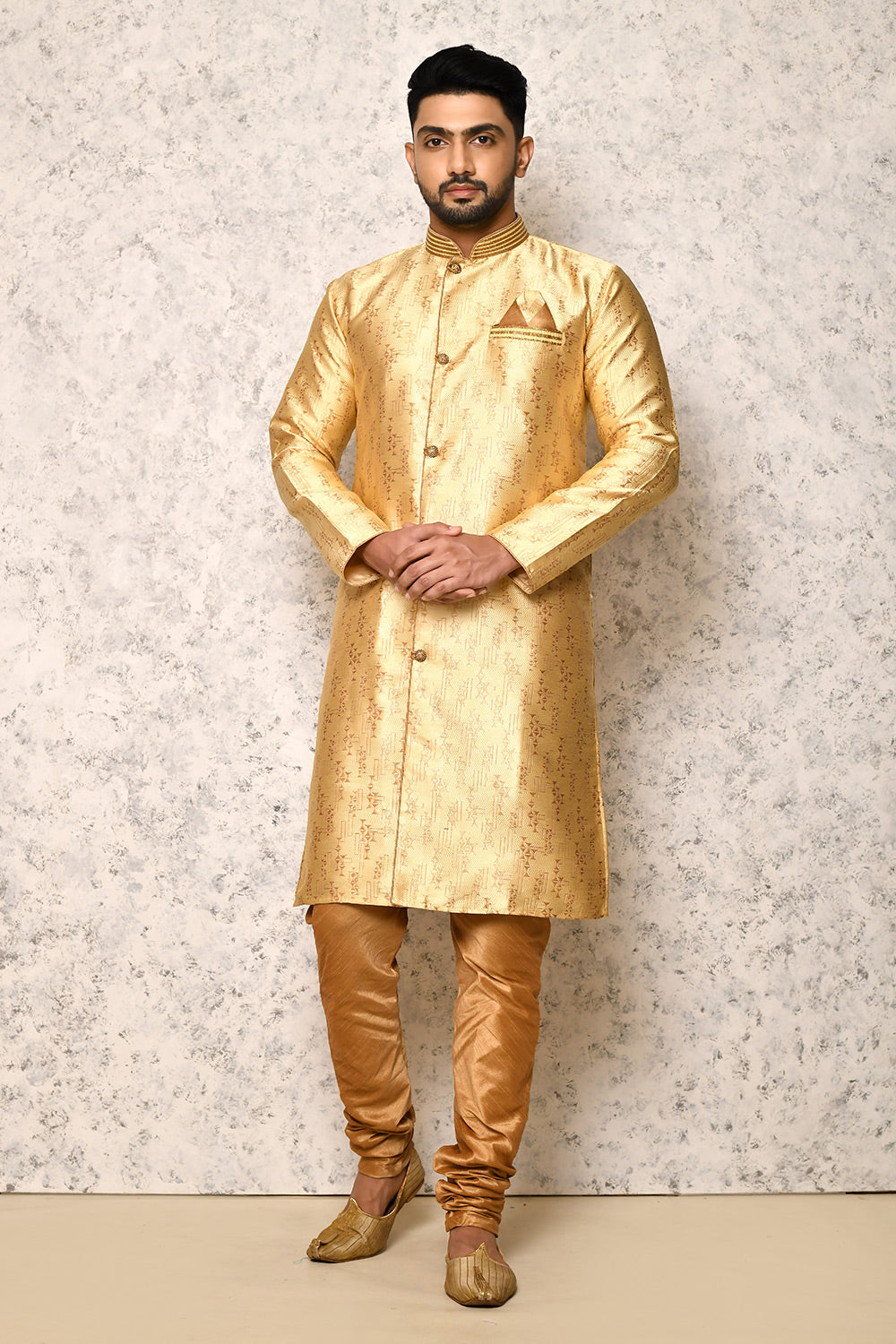 Gold Colour Jacquard Fabric With Thread Work Indowestern