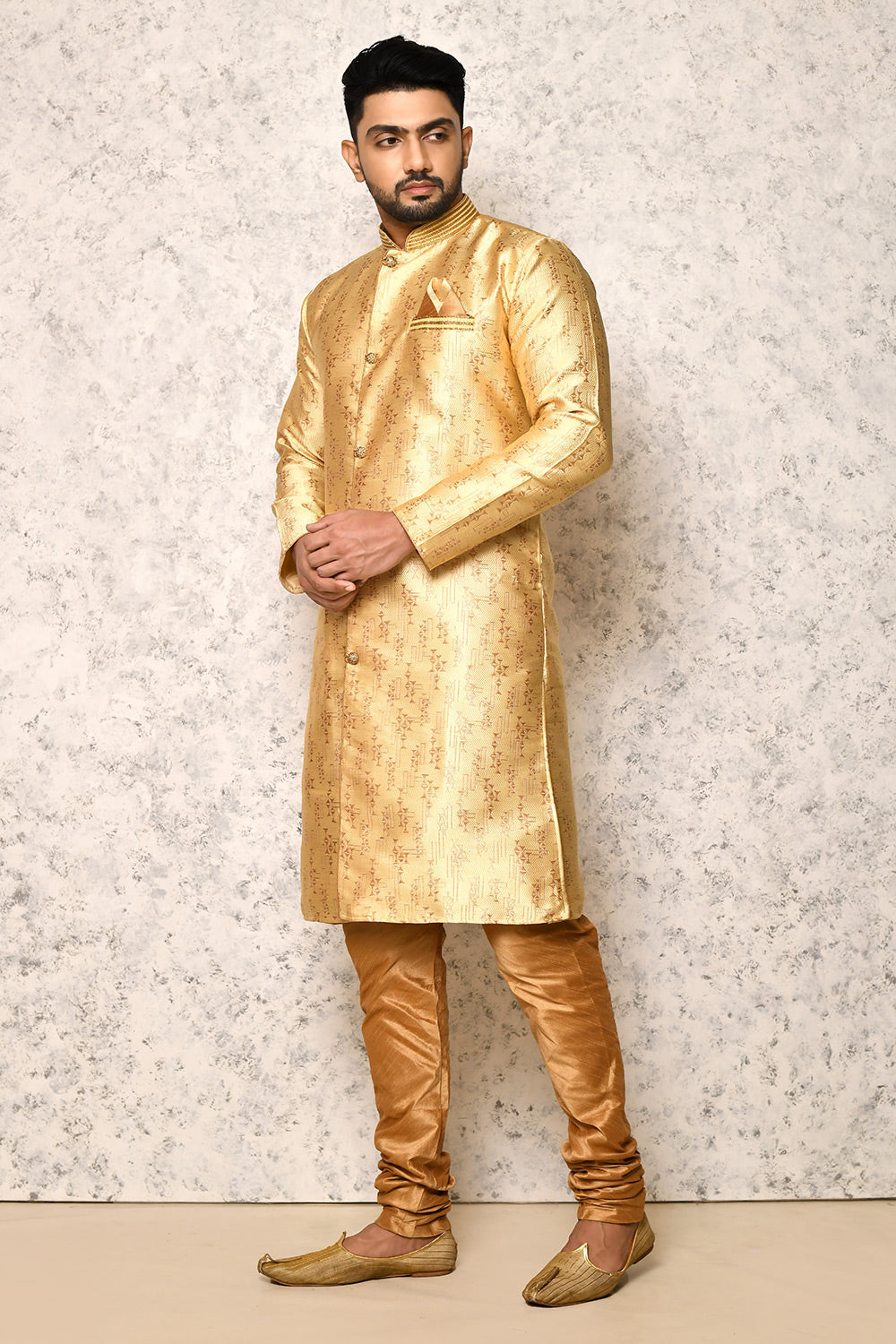 Gold Colour Jacquard Fabric With Thread Work Indowestern