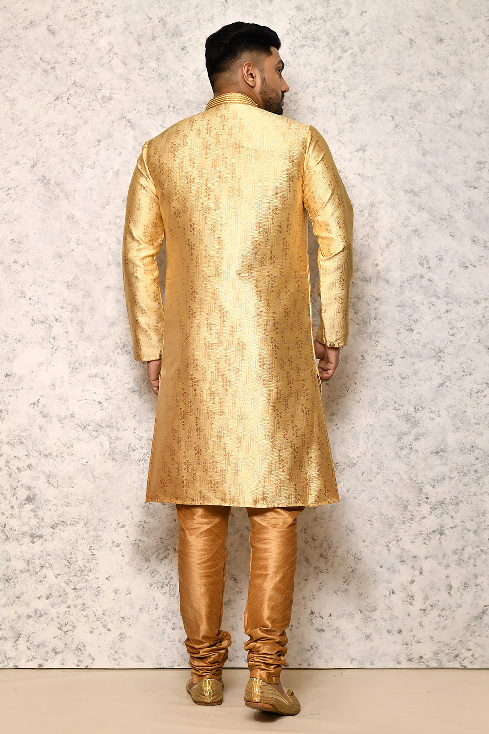 Gold Colour Jacquard Fabric With Thread Work Indowestern