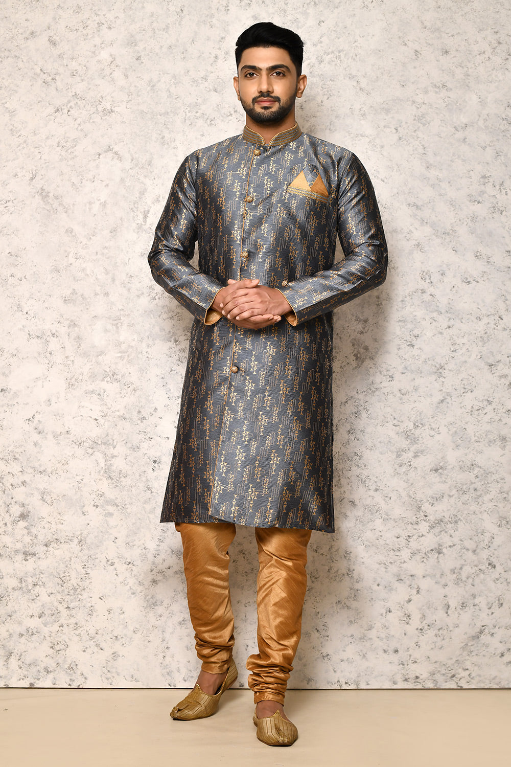 Grey Colour Jacquard Fabric With Thread Work Indowestern
