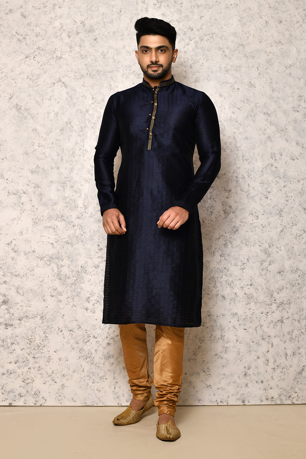 Navy Blue Colour Art Silk Fabric Thread Work Kurta Pajama