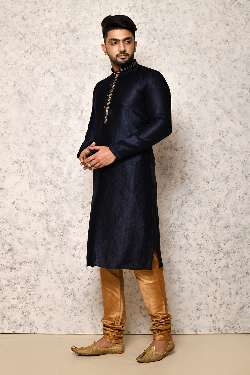 Navy Blue Colour Art Silk Fabric Thread Work Kurta Pajama