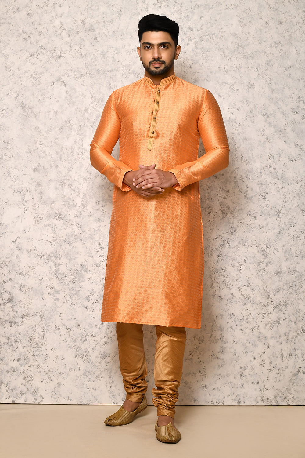 Peach Colour Art Silk Fabric Thread Work Kurta Pajama