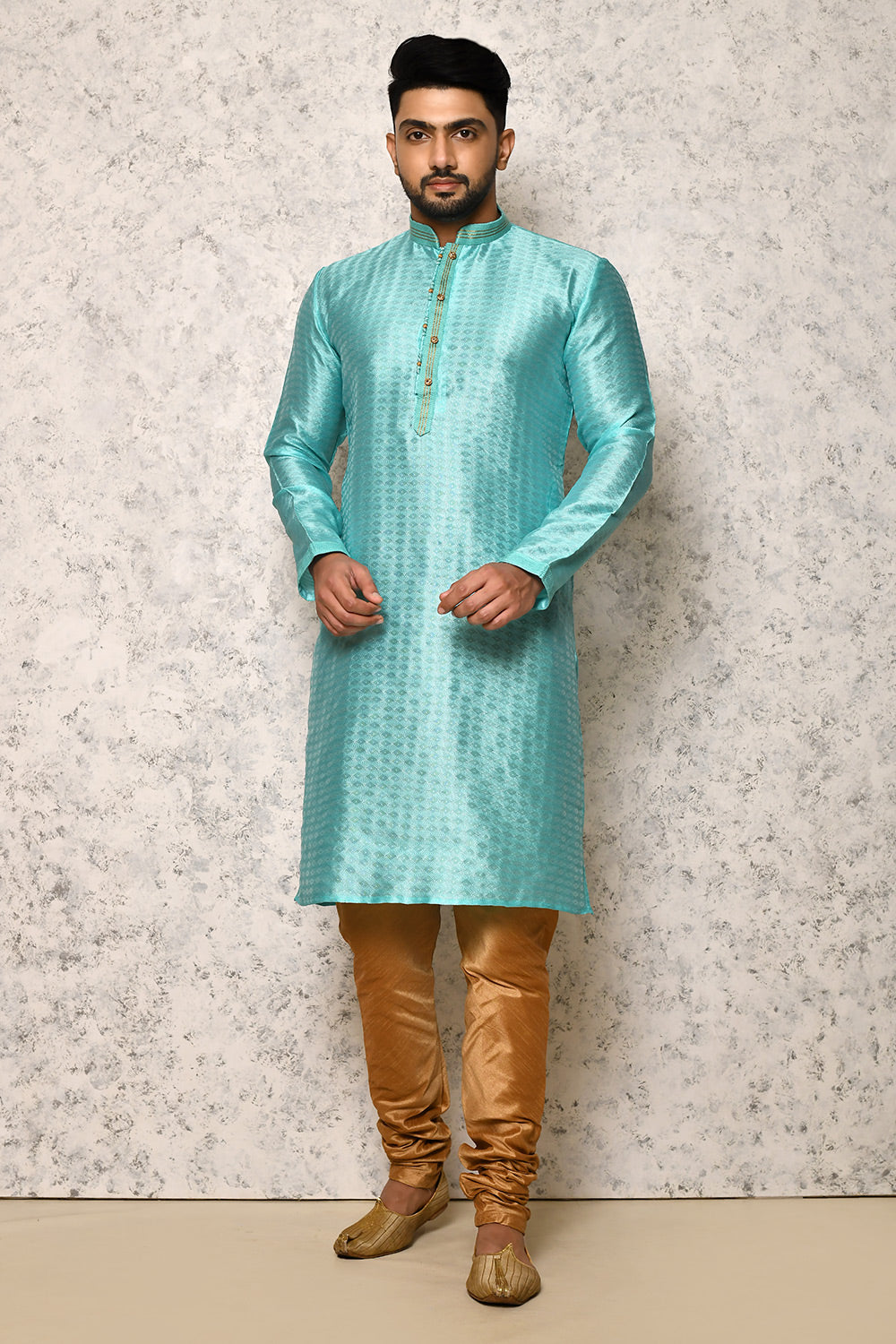 Sea Green Colour Art Silk Fabric Thread Work Kurta Pajama