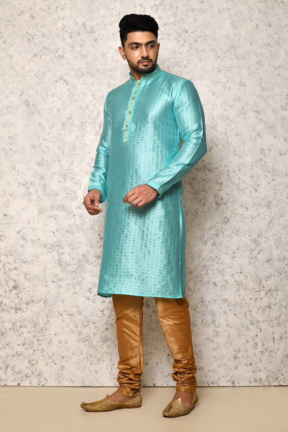 Sea Green Colour Art Silk Fabric Thread Work Kurta Pajama