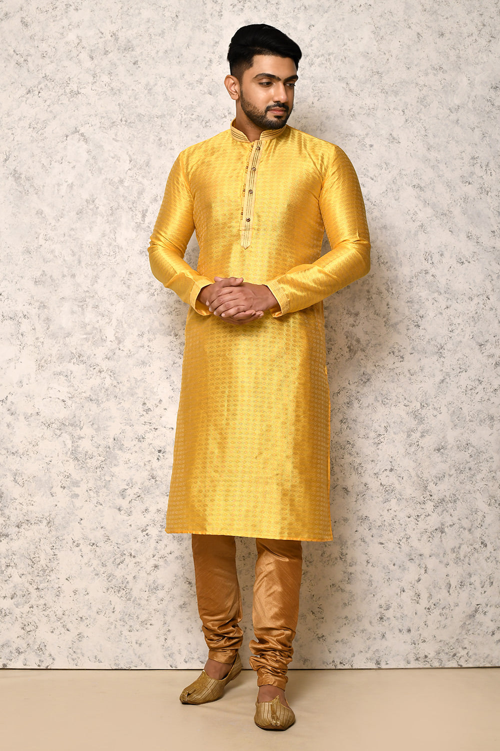 Yellow Colour Art Silk Fabric Thread Work Kurta Pajama