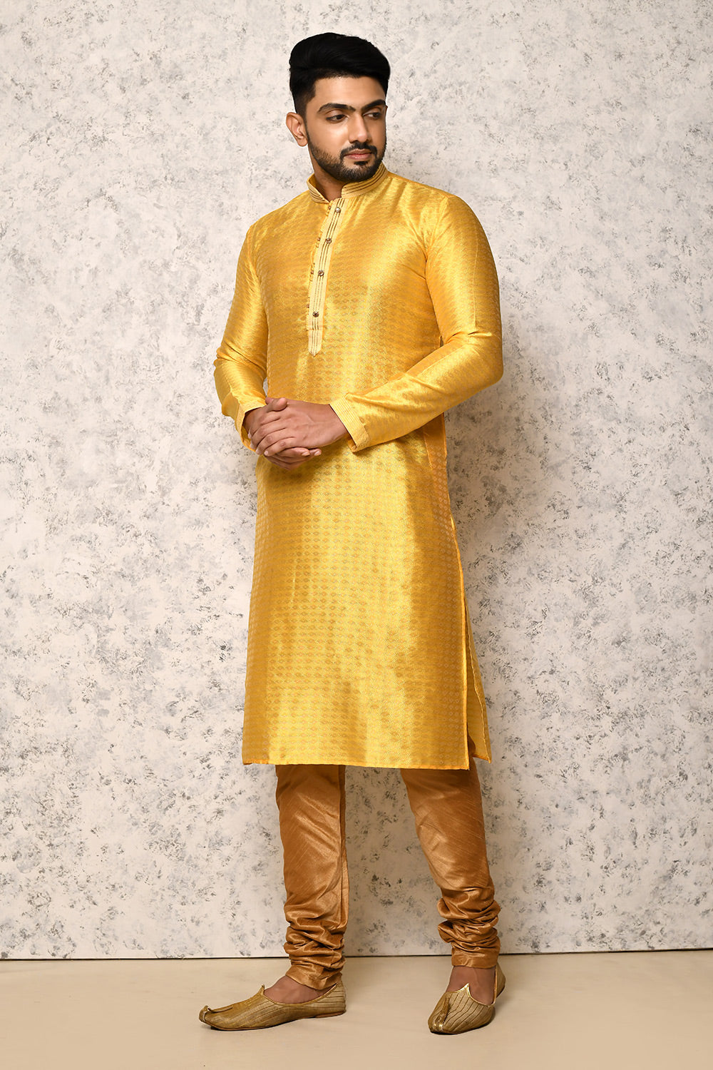 Yellow Colour Art Silk Fabric Thread Work Kurta Pajama