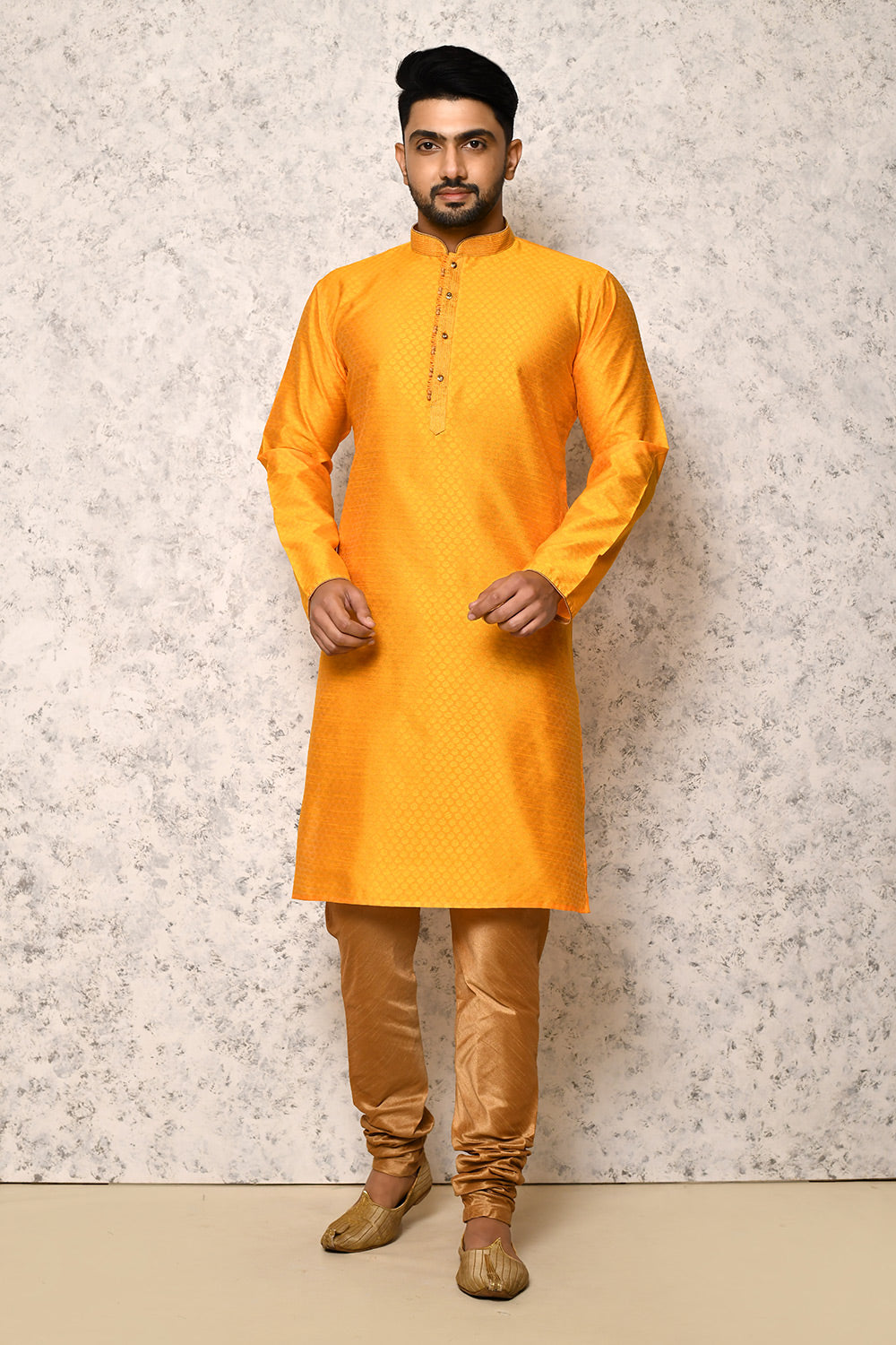 Yellow Colour Art Silk Fabric Thread Work Kurta Pajama