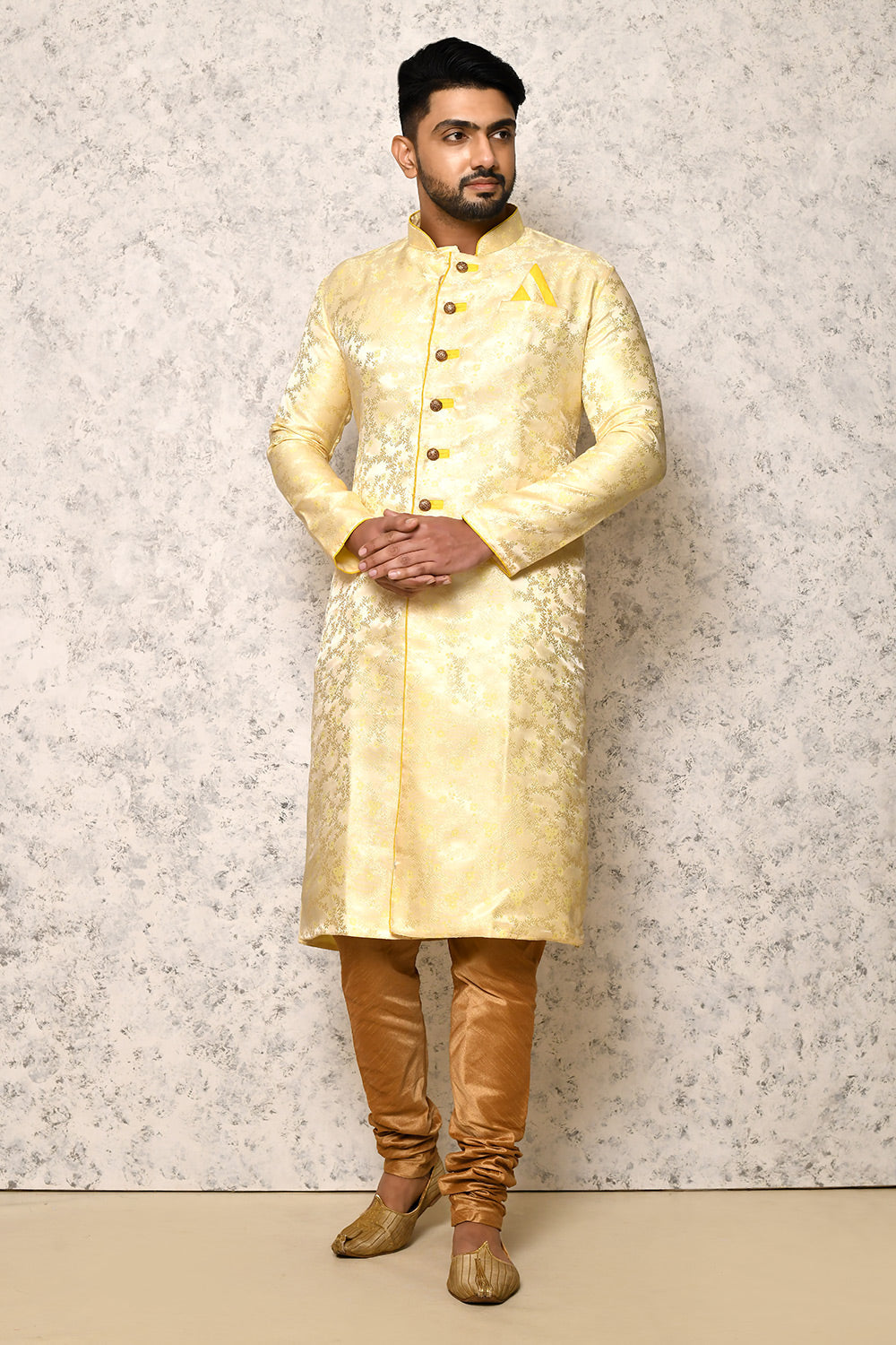 Yellow Colour Silk Fabric With Pattern Work Indowestern