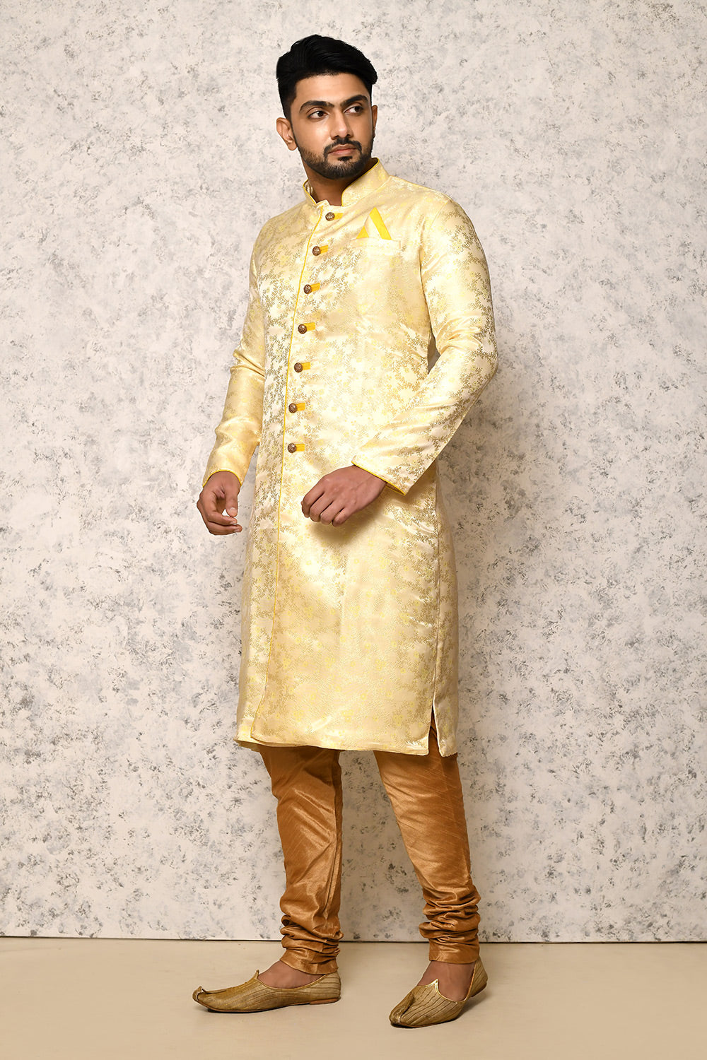 Yellow Colour Silk Fabric With Pattern Work Indowestern