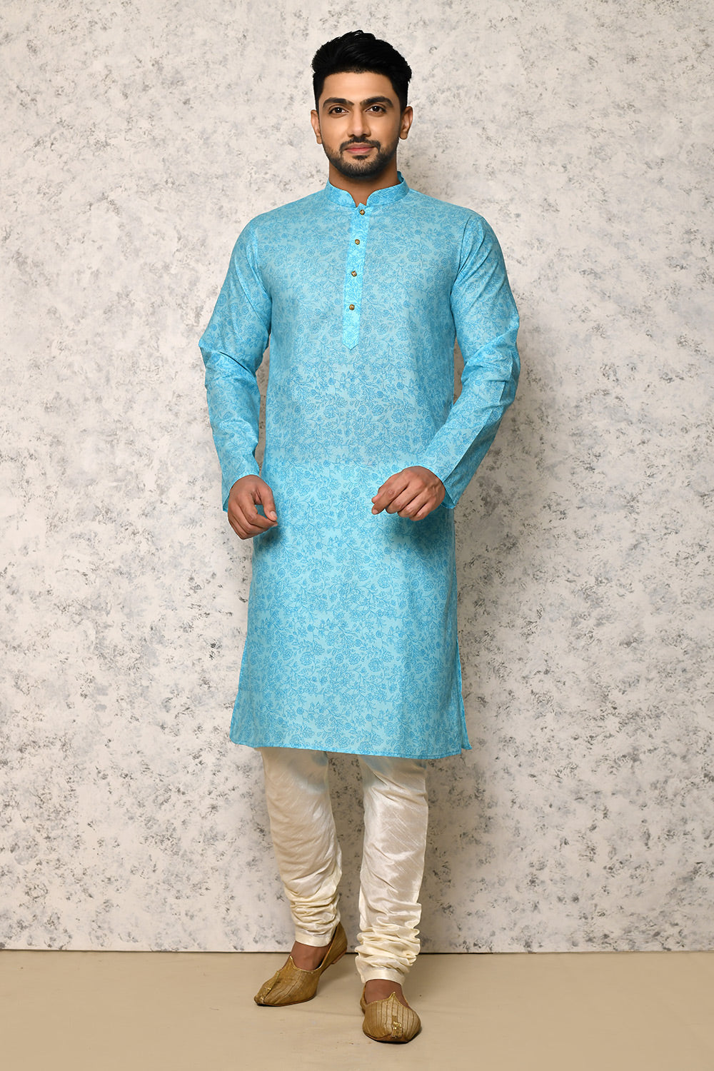 Sky Colour Cotton Fabric Printed Kurta Pajama