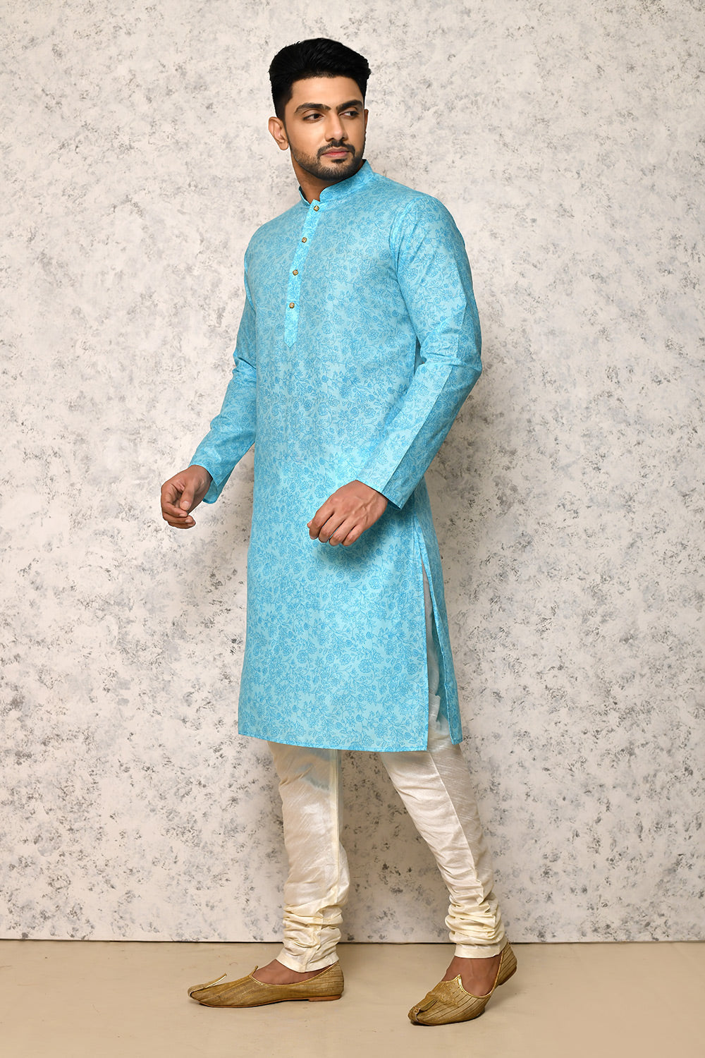 Sky Colour Cotton Fabric Printed Kurta Pajama