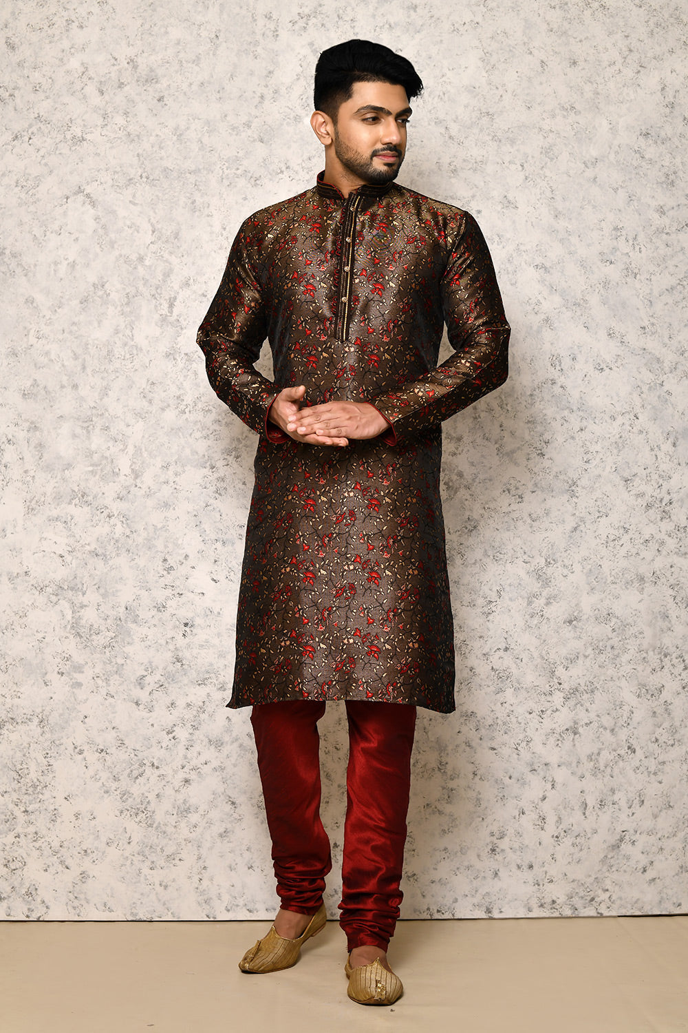 Brown Colour Art Silk Fabric Thread Work Kurta Pajama