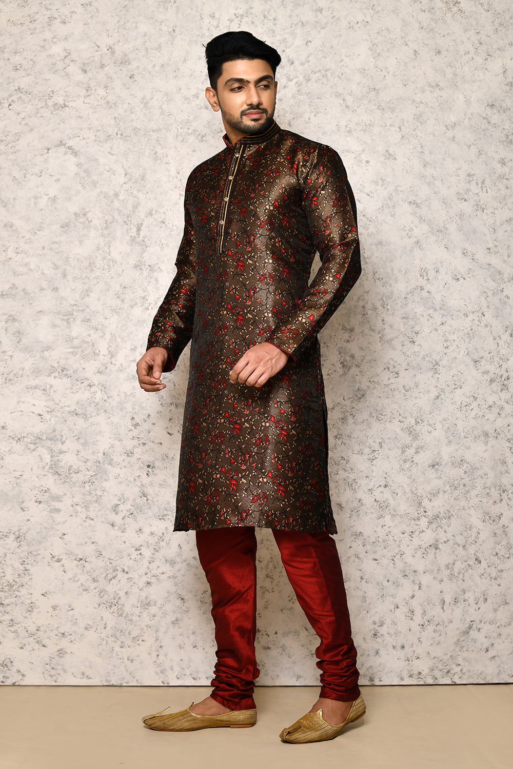 Brown Colour Art Silk Fabric Thread Work Kurta Pajama