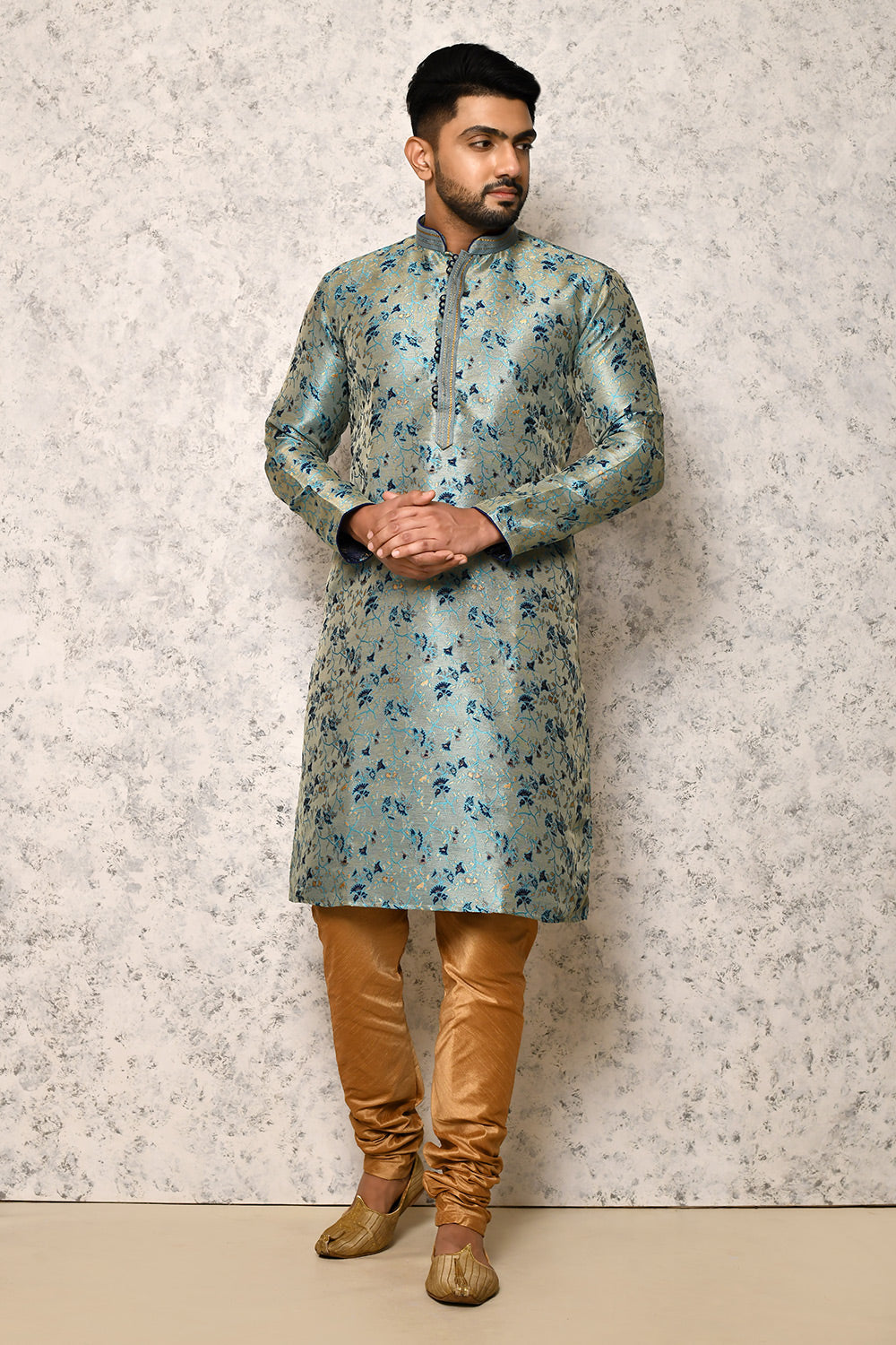 Firoza Colour Jacquard Fabric Thread Work Kurta Pajama