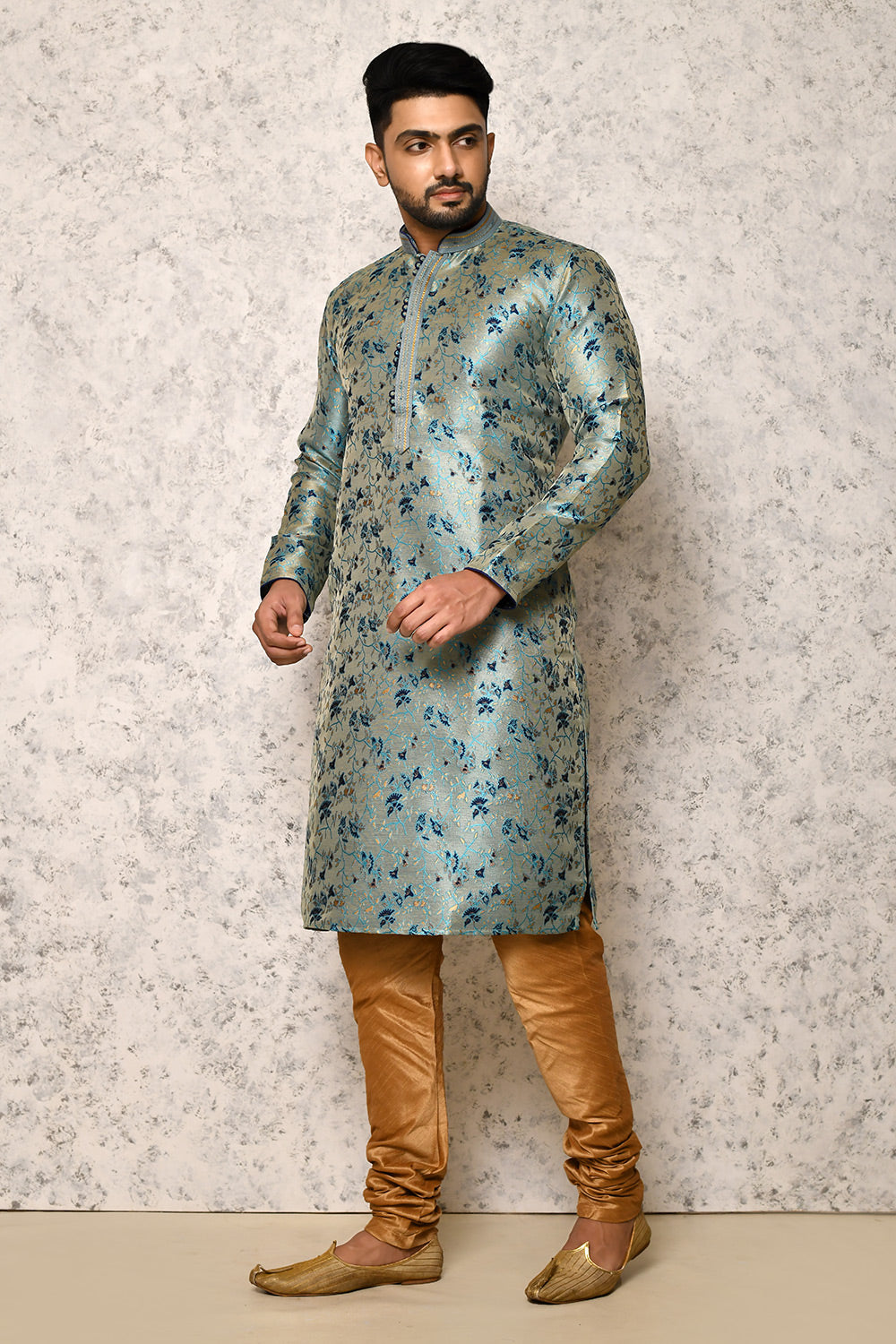 Firoza Colour Jacquard Fabric Thread Work Kurta Pajama