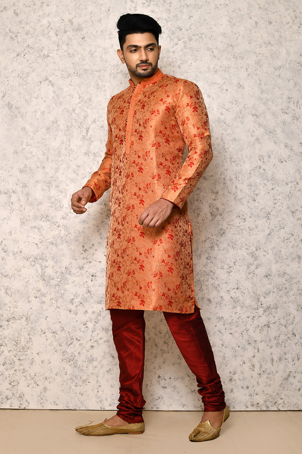 Orange Colour Art Silk Fabric Thread Work Kurta Pajama