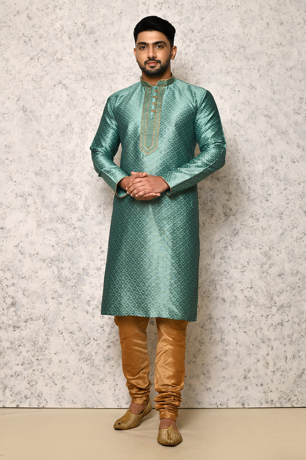 Rama Green Colour Art Silk Fabric Thread Work Kurta Pajama